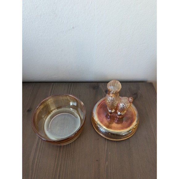 Vintage Jeannette Glass Marigold Iridescent Glass Poodle Trinket Box Candy Dish - Picture 6 of 9